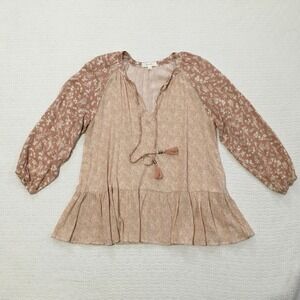 Becool Women's Size M Tunic Top Boho Floral Print Tie Neck Peasant Blouse